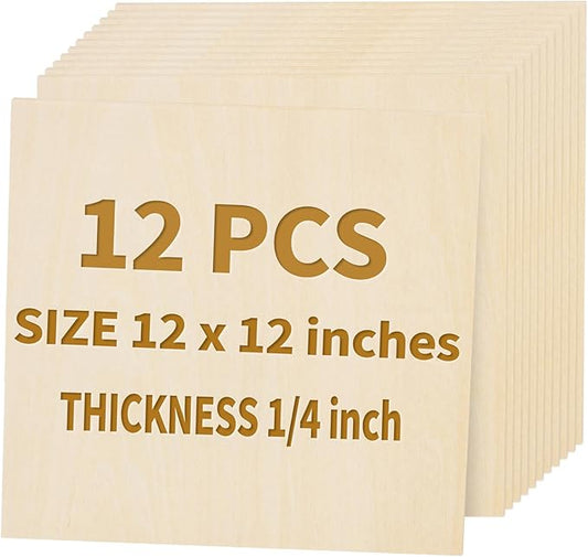12PACK Basswood Sheets for Crafts - 12 x 12 x 1/4 inch Plywood Sheets Unfinished Bass Wood Boards for Laser Cutting, Wood Burning - 300 x 300 x 6mm