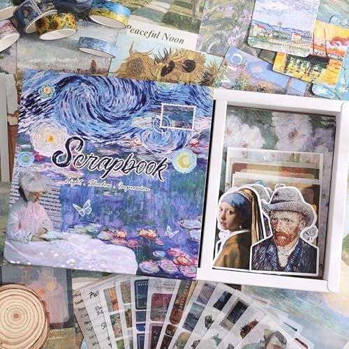 Scrapbooking Supplies Kit, Monet Van Gogh Oil Painting Theme Scrapbook Kit for Bullet Junk Journal, 12 Rolls Washi Tape, Stickers Papers for DIY Journaling Supplies, Craft Gift for Women Teenage - Image 6