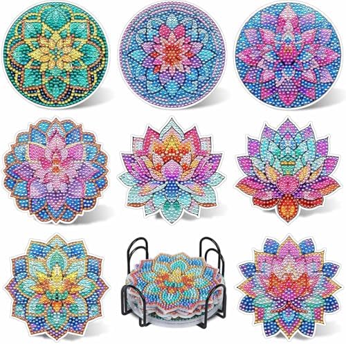 UPINS 8Pcs Lotus Diamond Art Painting Coasters Kits with Holder, Diamond Art Non Slip Coaster Kits DIY with Holder Crafts for Adults Diamond Art Painting Kits Supplies for Holiday Gift by UPINS