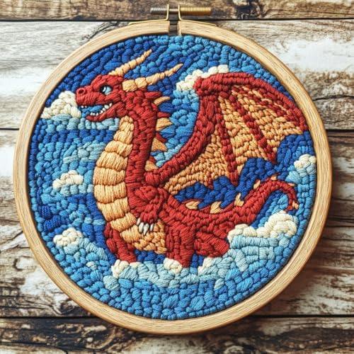 DIY Punch Needle Kits Cartoon Red Dragon with Hoop 20x20cm-4 by Unknown