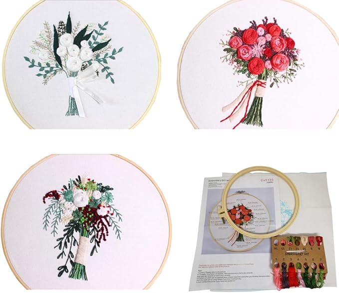 3 Sets Embroidery Starter Kit with Pattern and Instructions,Cross Stitch Beginner Kits with Frame,3 Plastic Embroidery Hoops,3 Embroidery Clothes and Color Threads (3 X Flower Pattern)