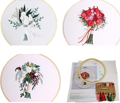 3 Sets Embroidery Starter Kit with Pattern and Instructions,Cross Stitch Beginner Kits with Frame,3 Plastic Embroidery Hoops,3 Embroidery Clothes and Color Threads (3 X Flower Pattern)