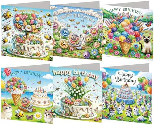 6PCS Happy Birthdays Diamond Art Painting Greeting Cards Kit with Envelopes - 5D DIY Diamond Art Card Kits for Adults - Handcrafted Postcards for Birthday & Holiday by Unknown