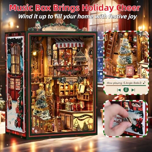 Christmas Book Nook Kit, DIY Miniature House Dollhouse Kit for Adults and Teens, Music Box, LED, 3D Wooden Puzzle Booknook Tiny House Bookshelf Decor, Gift for Family, Friends - Image 5
