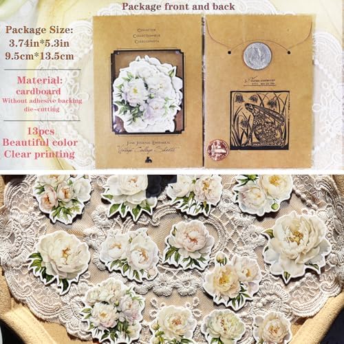 CATaireen Vintage Junk Journal Items Kit Pre Cut Paper Cards Cutout Cardstock Art Aesthetic Decor Hollow Out Craft Elements Small Embellishments Supplies for Adults Scrapbook Pack (Floral White) - Image 2