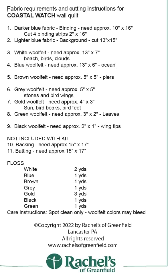 Rachel's Of Greenfield Coastal Watch Beginner Quilting Kit, Quilt Kits with Fabric and Patterns, Finished Size 13" x 15", Instructions and Materials Included - Image 4