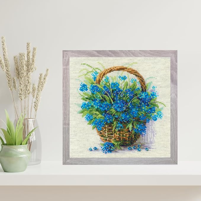 RIOLIS - Forget Me Nots in a Basket 2170, Cross Stitch Kits 8¾" x 8¾", Cross Stitch Kits for Adults, Floral Counted Cross Stitch Kits, Embroidery Kit for Beginners & Advanced, Crossstitching Kits