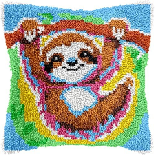 Sloth Latch Hook Pillow Kits for Adults Beginners, Pre-Printed 17" X 17" by VEIROUSA