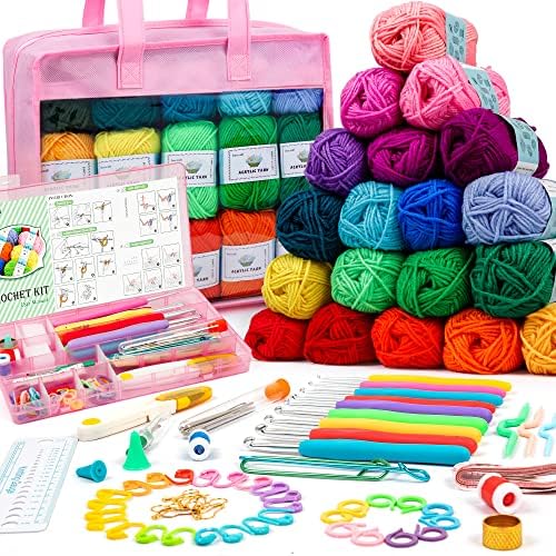 Crochet Yarn Kit for Beginners Adults and Kids, Includes 1650 Yards 30 Colors Acrylic Skeins, User Manual, Hooks, Pink Bag etc, Make Amigurumi & Crocheting Projects, Starter Set for Professionals by INSCRAFT