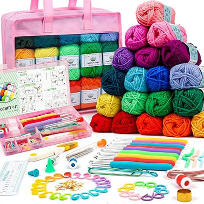 Crochet Yarn Kit for Beginners Adults and Kids, Includes 1650 Yards 30 Colors Acrylic Skeins, User Manual, Hooks, Pink Bag etc, Make Amigurumi & Crocheting Projects, Starter Set for Professionals by INSCRAFT