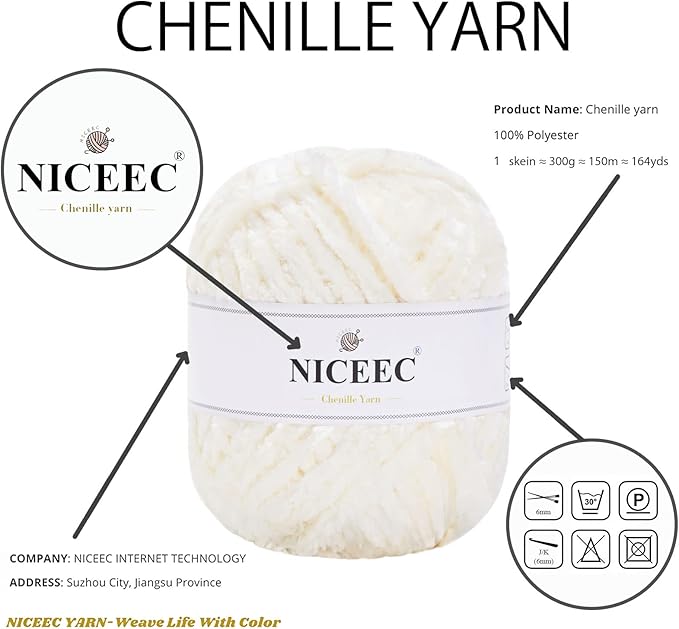 NICEEC 300g Soft Chenille Yarn Blanket Velvet Yarn for Knitting, Crochet, Weaving DIY Craft Total Length 150m (164yds)_Cream White