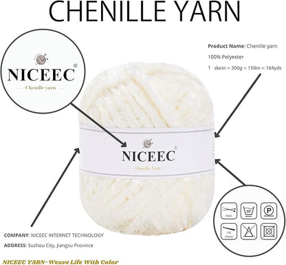 NICEEC 300g Soft Chenille Yarn Blanket Velvet Yarn for Knitting, Crochet, Weaving DIY Craft Total Length 150m (164yds)_Cream White