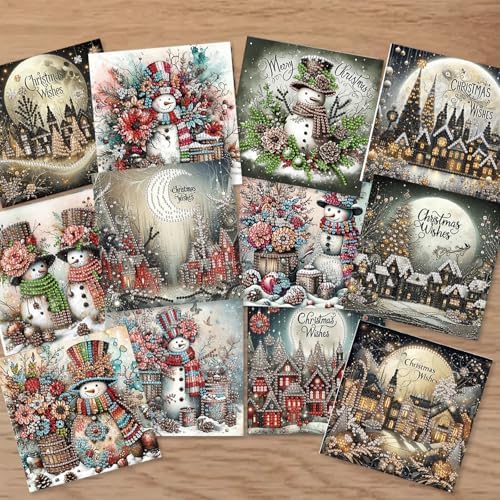jinglinhh 12pcs Diamond Art Painting Christmas Snowman Village Greeting Cards with Envelopes, DIY Card Making Kits for Adults, Diamond Art Christmas Cards for Holiday Gifts - Image 4