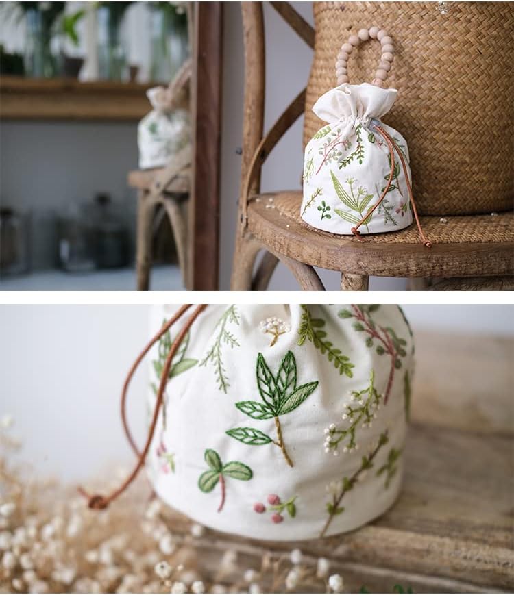 Smart-Feather Embroidery Drawstring Bag Kits with Patterns, Needlepoint Sewing Handbag Kit for Beginners, Embroidery Start Kit with Hoop - Image 4