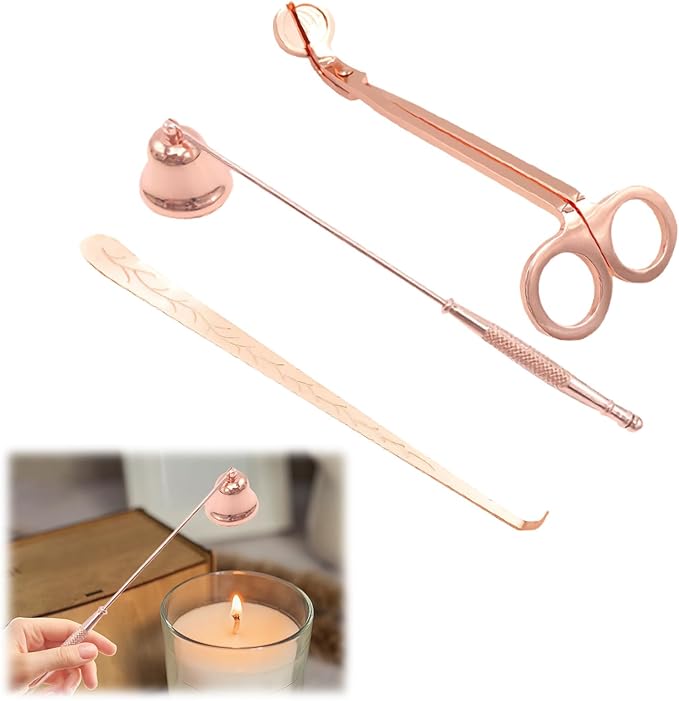 Set of 3, Candle Wick Trimmer, Candle Snuffer and Wick Dipper & Candle Accessory Set, Candle Care Kit for Candle Lover (Rose Gold)