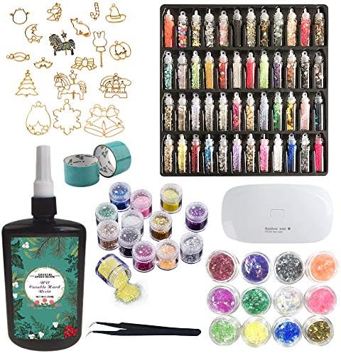Transparent UV Epoxy Resin 250g + 72 Decorations + Portable UV Lamp Compact USB + 17 Open Back Bezels + Tweezers + 2 Tapes, Resin Jewelry Making Kit for Resin Crafts & Resin Coating & Making Pendants by Unknown