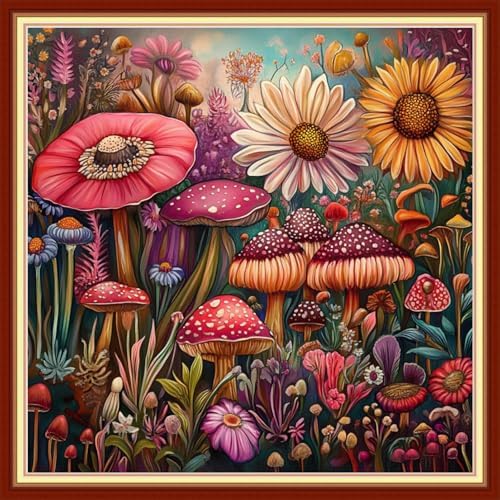 Joyhoor Cross Stitch Kits for Beginners Stamped Cross-Stitch Supplies Needlework preprint Embroidery Kits for Adults DIY Needlepoint Kits Embroidery Patterns 11CT-Colorful Mushroom Flowers 18x18 inchs by JoyhoorCrossStitchKits