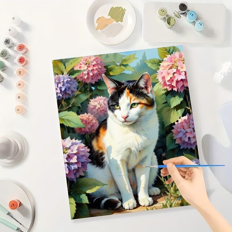 Calico Cat in Garden Paint by Numbers Kit for Adults - DIY Tricolor Cat with Hydrangeas Painting on Canvas 16x20In, Framed Acrylic Paint Set, Suitable for Beginners, Art for Home Decoration/Gifts - Image 3
