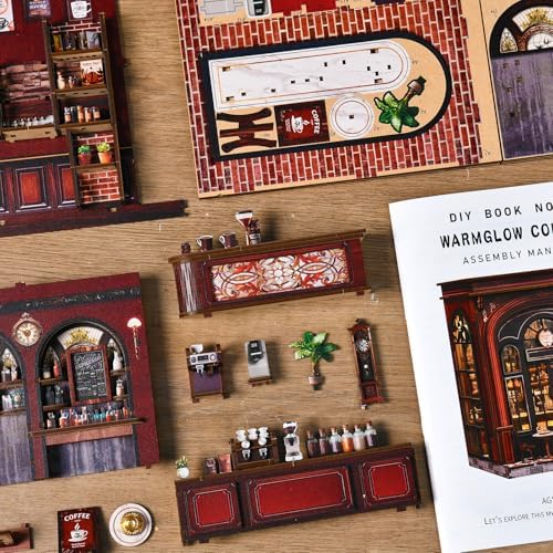 DIY Book Nook Kit, 3D Wooden Puzzle Miniature House with LED Light, Dollhouse Bookshelf Insert, Tiny House Model Building Kit, Unique Creative Gift for Adults and Teens (Warmglow Coffee) - Image 6