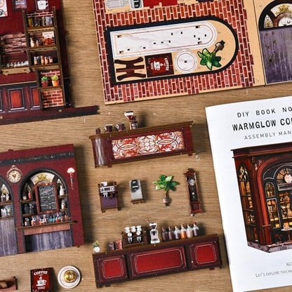 DIY Book Nook Kit, 3D Wooden Puzzle Miniature House with LED Light, Dollhouse Bookshelf Insert, Tiny House Model Building Kit, Unique Creative Gift for Adults and Teens (Warmglow Coffee) - Image 6