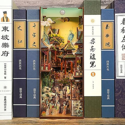 Tonecheer DIY Book Nook Kit for Adults, Wooden 3D Puzzle Bookend Bookshelf Insert Decor, Chinese Booknook Miniature House Kit with Dust Cover and Body Motion Sensor LED (Song Dynasty Culture) - Image 2