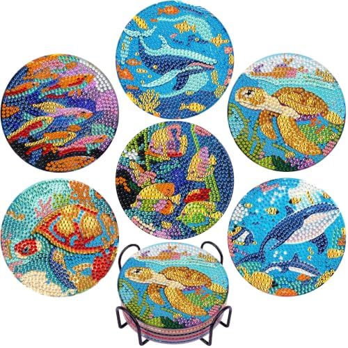 EWJRNSF 6 PCS Ocean Diamond Art Coasters DIY Kit with Holder for Adults by EWJRNSFDiamondPainting