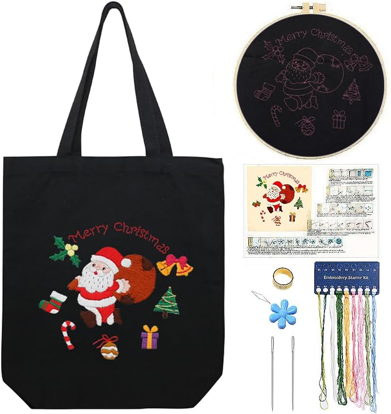 CREAWONDER Canvas Tote Bag Embroidery Kit with Pattern for Beginners, Arts and DIY Embroidery Crafts Kits for Adults, Include Instructions, Thimble, Embroidery Hoops, Color Threads and Tool by Unknown