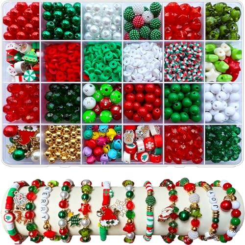 1540PCS Christmas Beads for Bracelets Jewelry Making Kit, Christmas Tree Snowflake Charms, Red Green Xmas Clay Beads Assorted Acrylic Crystal Round Pearl Star Spacer Bead for DIY Crafts Necklace by Unknown