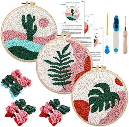 Anidaroel 3 Sets Punch Needle Kits - Beginner Adults Kit with Fabric, Hoops, Yarns and Sewing Needles by Anidaroel