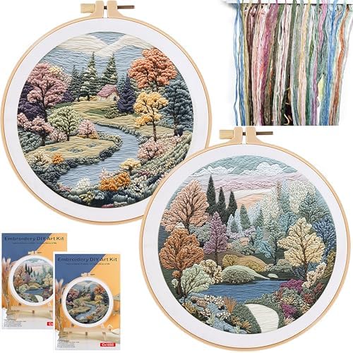 FONNUY 2 Set Embroidery Kit DIY for Adult Beginner, Pre-Stamped Patterns Mountain Sea Embroidery Kits with Hoop, Colored Threads and Needles, Easy to Follow Needlework (Boho Trees) by FONNUY