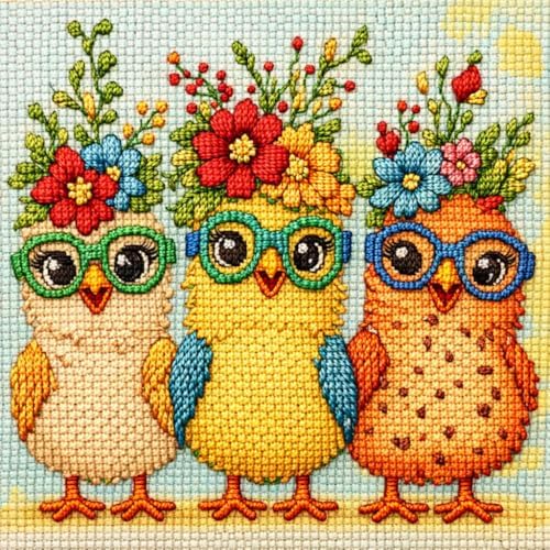 Zhenqing Modern Chicks Cross Stitch Kit - 11CT Pre-Printed 35x35cm Fabric with Threads & Needle (Hipster Chicken Design)(70010) by ZhenqingHomeFlagship