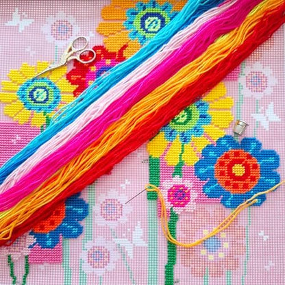 Brvsk Floral Needlepoint Kit for Adults and Beginners — Enchanted Garden 16″ × 16″ with Clear, Precise Printed Design on Cotton Canvas; Includes 2 Needles, Yarn, and Easy-Read Chart - Image 2