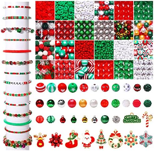 NVENF 2300PCS+ Christmas Beads Charms for Jewelry Making, Enamel Wreath Elk Snowman Snowflake Charms, Red Green Christmas Clay Beads, Assorted Rhinestone Star CCB Beads for DIY Bracelet by NVENF