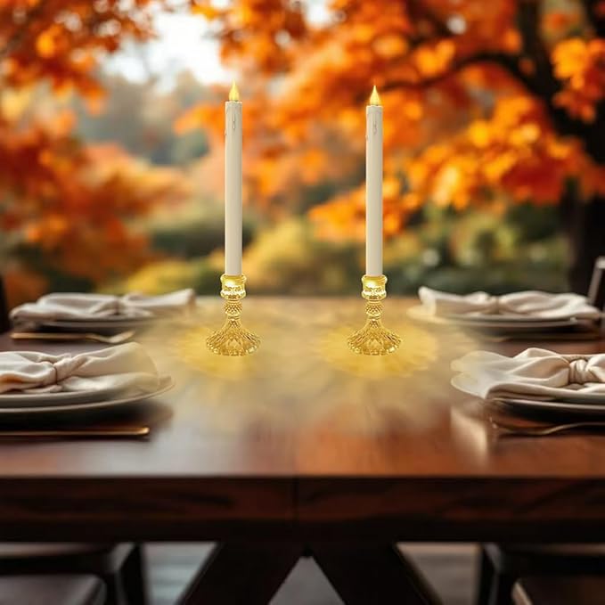 Flameless Taper Candles with Diamond Base Light - Hexagon Glass Holder, Remote Timer & Dimmer 2AA Battery Operated 500+ Hours for Thanksgiving/Xmas Decor, Wedding Centerpiece (Ivory, 2 Pack)