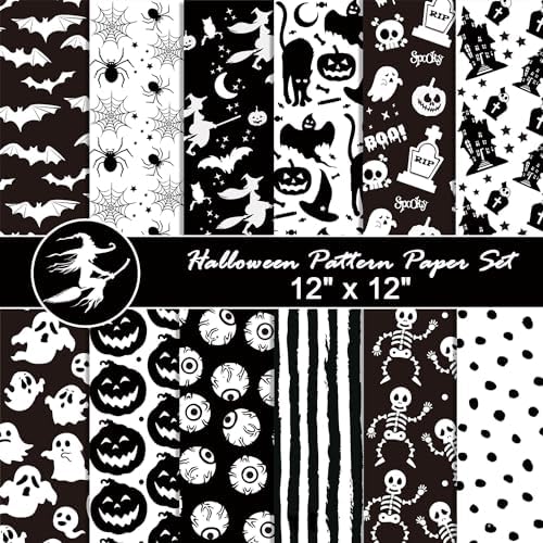 orkwo 24 Sheets Halloween Pattern Paper Set, 11.8"x11.8" Scrapbooking Supplies Paper Spider Pumpkin Bat Witch Plaid Stripe Dot Origami Paper by sorkwo