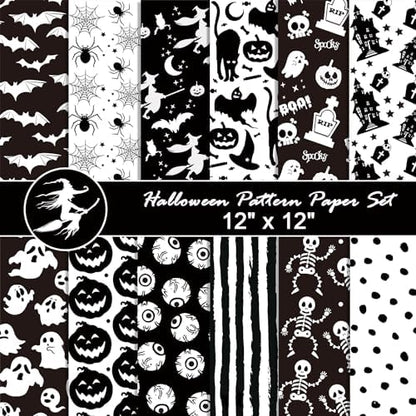 orkwo 24 Sheets Halloween Pattern Paper Set, 11.8"x11.8" Scrapbooking Supplies Paper Spider Pumpkin Bat Witch Plaid Stripe Dot Origami Paper by sorkwo