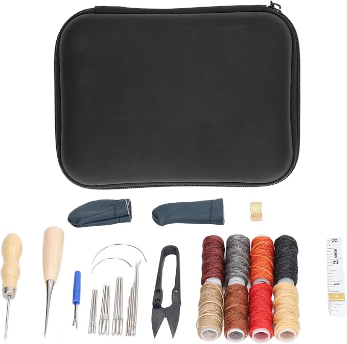 32Pcs Leather Craft Tools Kit, All in One Hand Sewing Kit for DIY Leather Goods Making, Stainless Steel Leather Working Tools with Wax Thread, Needles and Accessories for Beginners