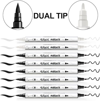 TRANSON 6 Black and 2 White Paint Markers Brush and Fine Dual-tip Acrylic Paint Marker for Rock Glass Canvas Wood Leather Ceramic DIY Painting