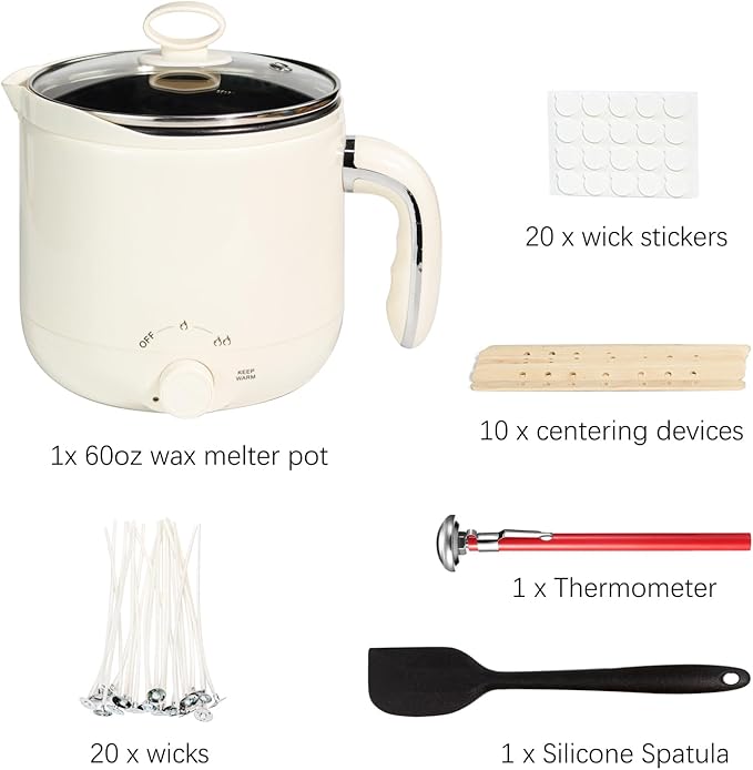 Aroparc Wax Melter for Candle Making with Thermometer, Large 60oz/1.8L Electric Wax Melter with Pouring Spout Candle Making Kit for Beginners Adults