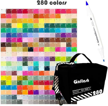 Ginflash Brush & Fine Tip Art Markers Pen Sketch Alcohol Based Markers Dual Tipped Manga Drawing Coloring Marker Art Supplies for Artist(280)