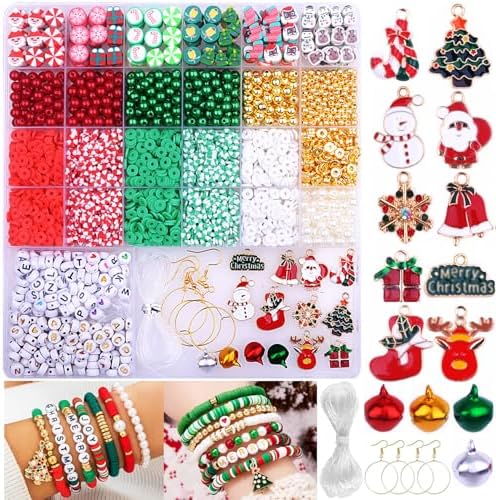 BBita 3680pcs Christmas Polymer Clay Beads Charms for Bracelets Making Kit Christmas Tree Snowman Santa Claus Snowflakes Bells Socks elk Friendship DIY Arts Crafts Gifts for Kids Girls by BBita