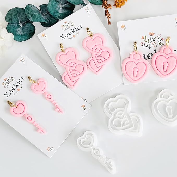 Xaekicr Heart Lock and Key Clay Cutters Set – 3PCS Polymer Clay Cutters for Earrings, Valentine’s Day Clay Earring Cutters, Polymer Clay Molds for Jewelry Making, Clay Tools