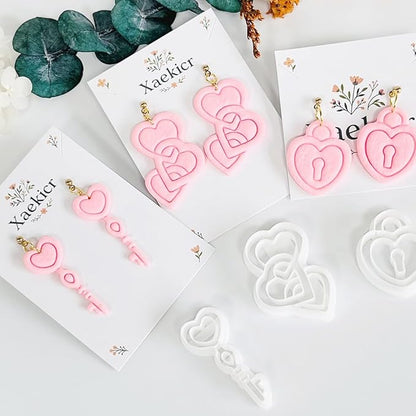 Xaekicr Heart Lock and Key Clay Cutters Set – 3PCS Polymer Clay Cutters for Earrings, Valentine’s Day Clay Earring Cutters, Polymer Clay Molds for Jewelry Making, Clay Tools
