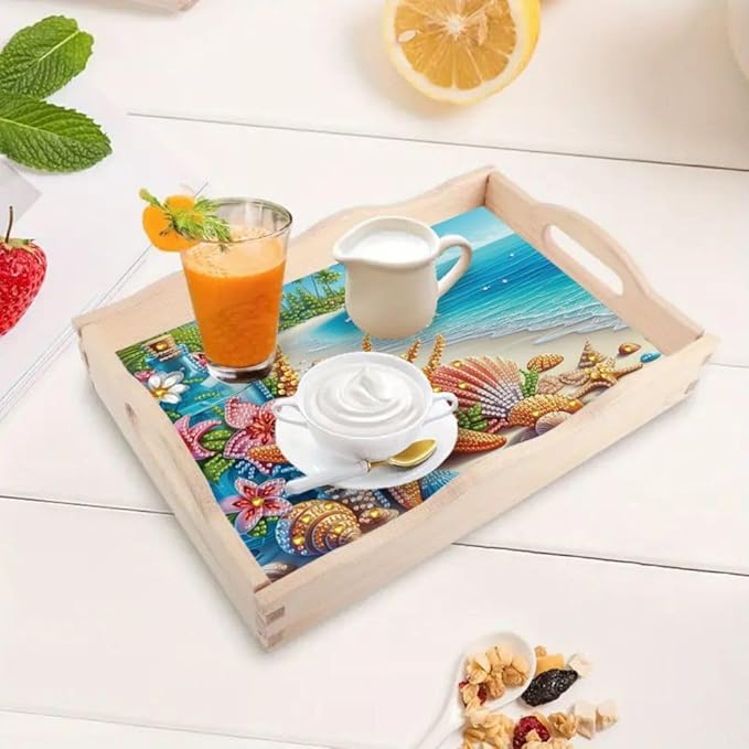 DoxQcs DIY Diamond Art Wooden Food Tray with Handle Diamond Painted Table Decoration Tray for Breakfast Bar Dinner Table Diamonds Art Painting for Beginners-Starfish