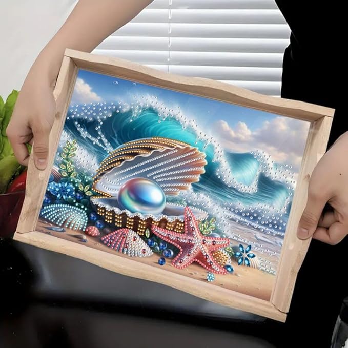 DoxQcs DIY Diamond Art Wooden Food Tray with Handle Diamond Painted Table Decoration Tray for Breakfast Bar Dinner Table Diamonds Art Painting for Beginners-Pearl