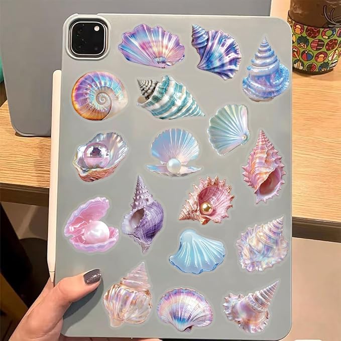 50pcs Fantasy Seashell Stickers Pack – Clear Ocean Shell Pearl Scrapbook Stickers for Journaling, Planner, Laptop, Water Bottle Decoration