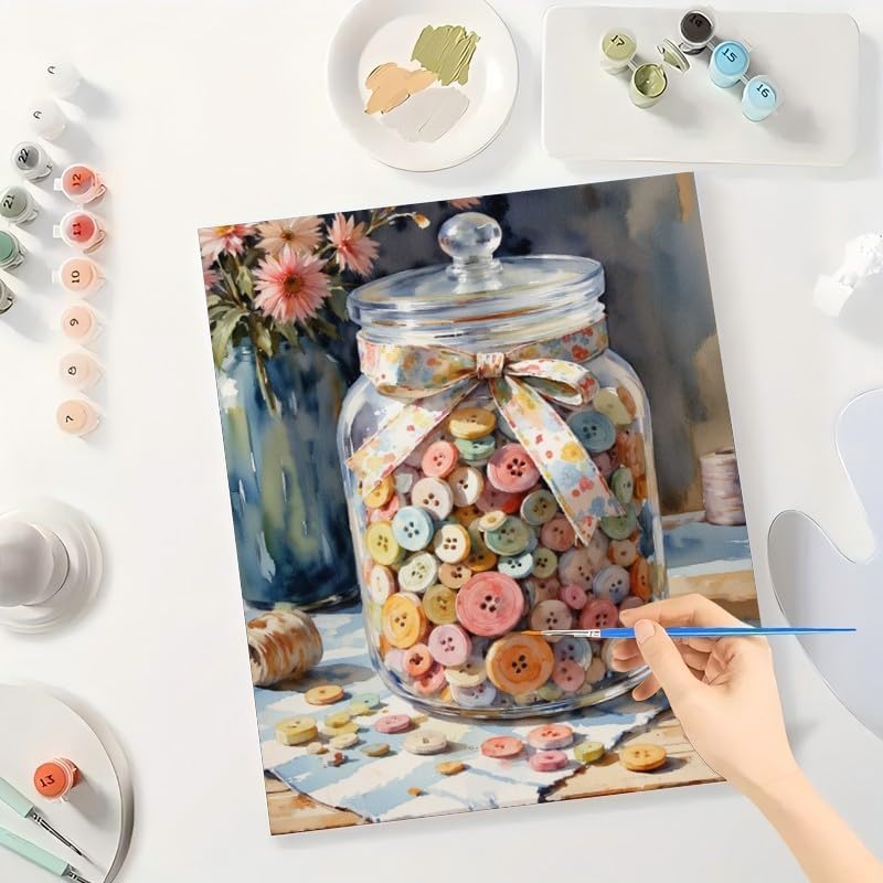 Still Life Paint by Numbers Kit for Adults - DIY Jar of Buttons and Flowers Painting on Canvas, Acrylic Paint Set, Suitable for Beginners, Decorative Art for Home or Gifts(12X16IN Framed) - Image 3