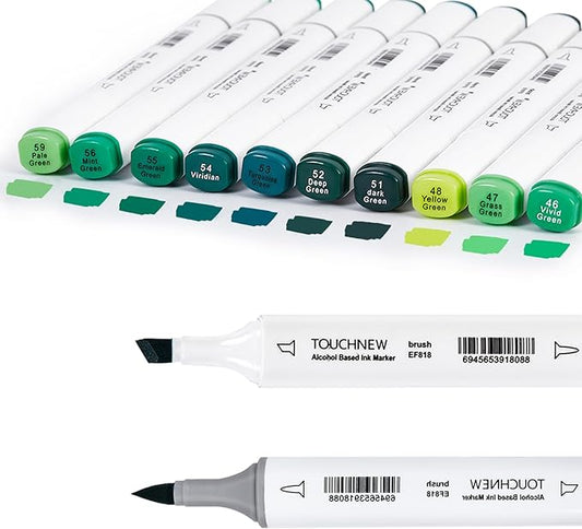 Liulich 10Pcs Alcohol Markers Pure Color Series,Dual Tip Soft Art Solid Color Markers Set for Adults Beginner Drawing Sketching (Green)