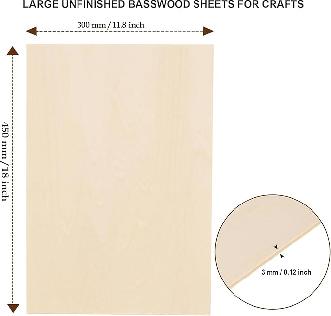 24 Pack Basswood Sheets 12 x 18 x 1/8 Inch - 3mm Unfinished Basswood for Laser Cutting & Engraving, Thin Plywood Board Unfinished Wood Sheet for Crafts Wood Burining, Painting, Architectural Model