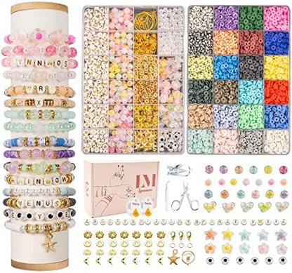 Lynnmos Clay Beads 8500 Pcs 2 Boxes Bracelet Making Kit - 24 Colors Polymer Clay Beads for Bracelet Making Set - Heishi Disc Beads for Jewelry Making kit with Charms and Gift Pack for Girls by Lynnmos